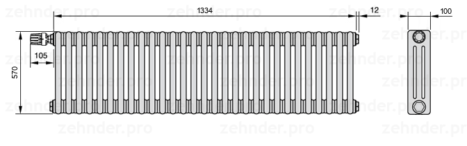Схема (чертеж) Радиатор Zehnder Charleston 3057/29 №V011 Technoline TL